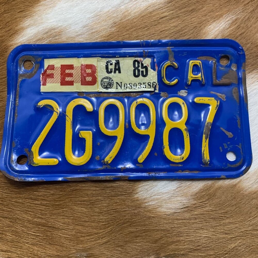 Vintage 1985 California Motorcycle License Plate 2G9987 Blue & Yellow